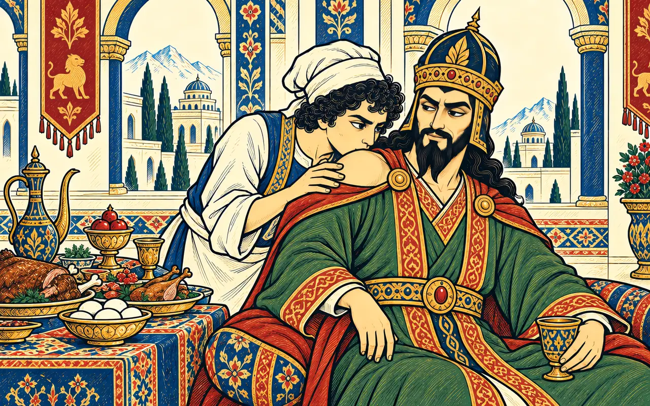 Iblis Kisses Zahhak's Shoulders