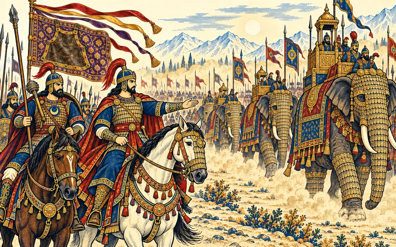 Manuchehr's Army with Armored Elephants