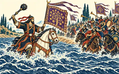 Giv Rides into the Ford under Piran's Banner