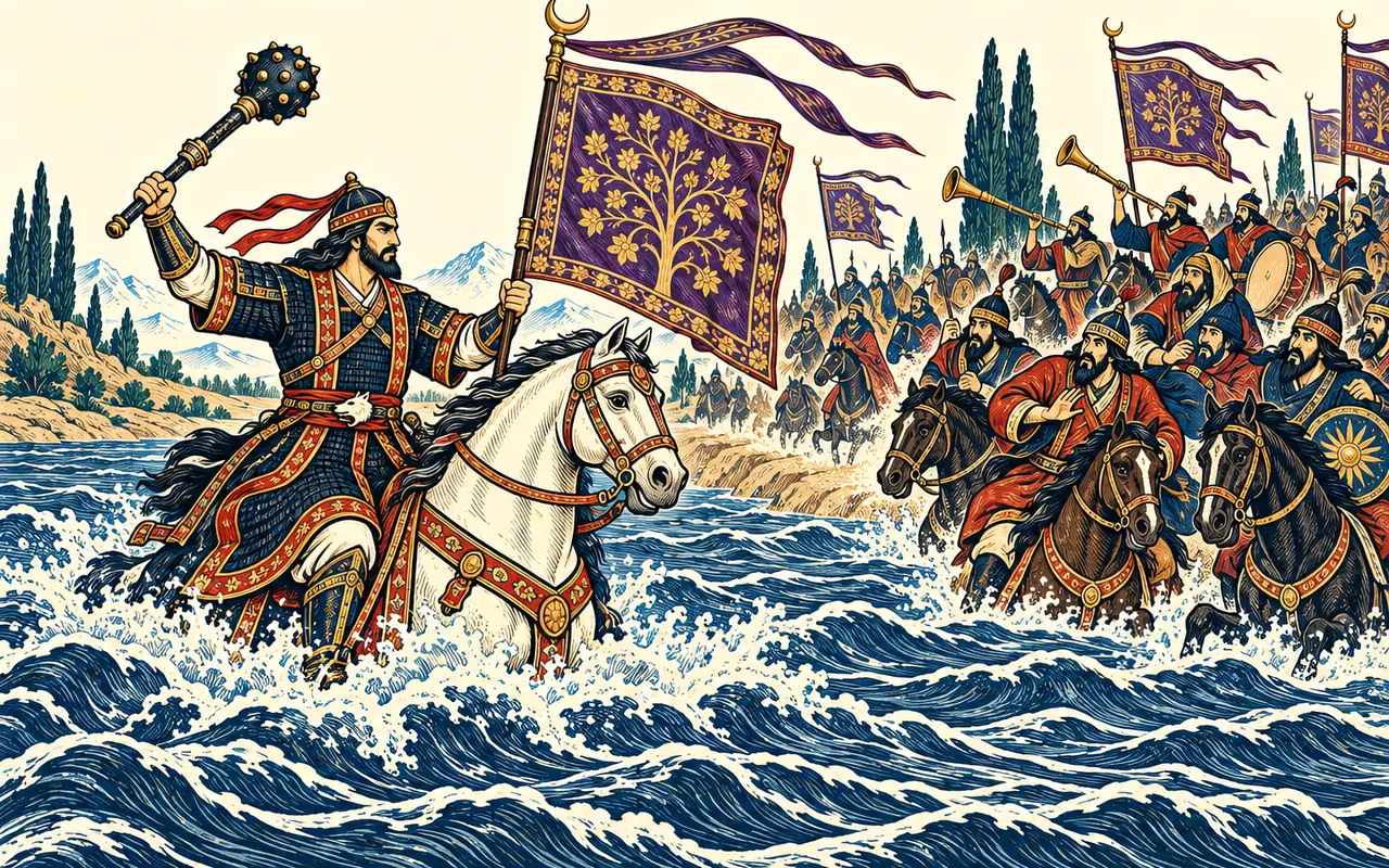 Giv Rides into the Ford under Piran's Banner