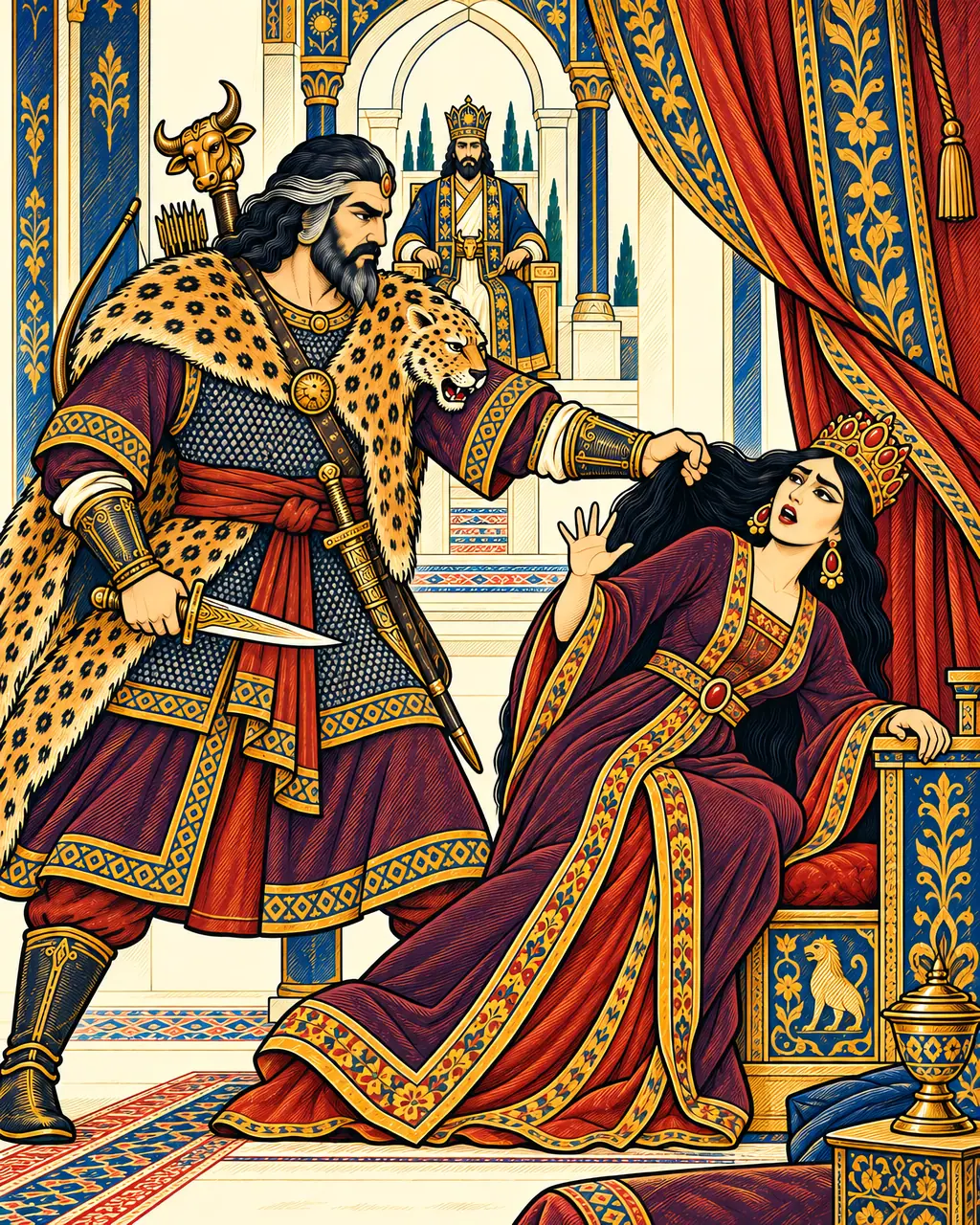Rostam Drags Sudabeh from Her Throne