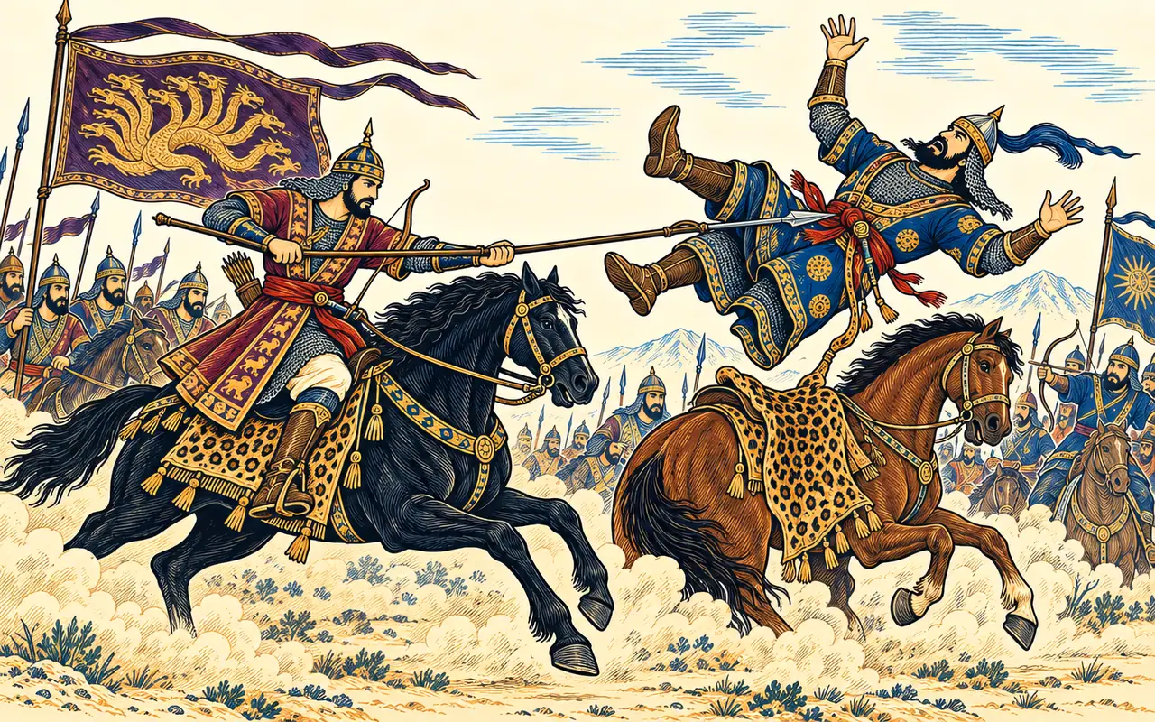 Faramarz Lifts Varazad from the Saddle