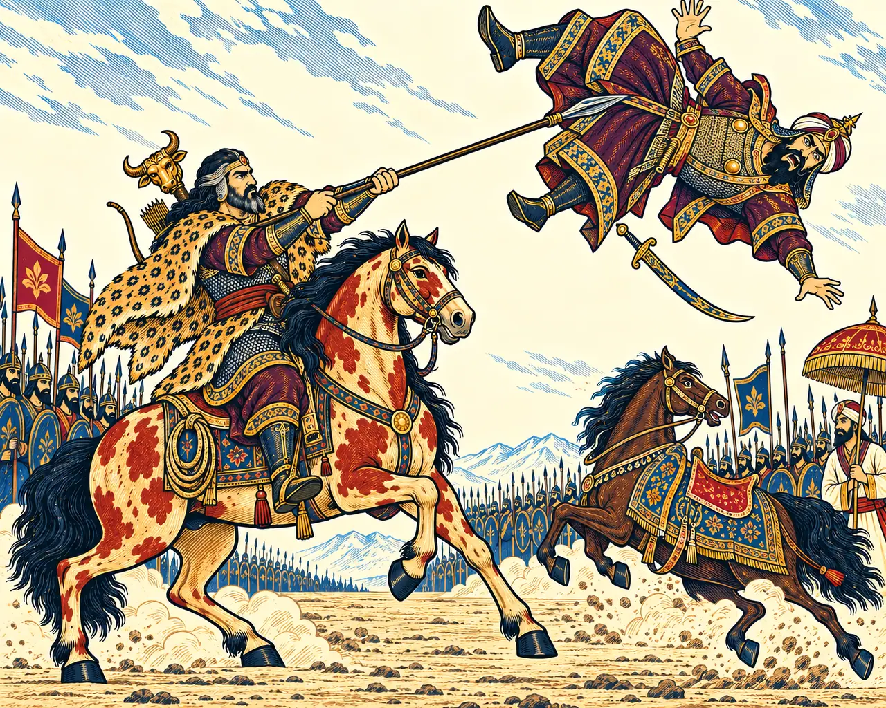 Rostam Unhorses Shangul with One Thrust