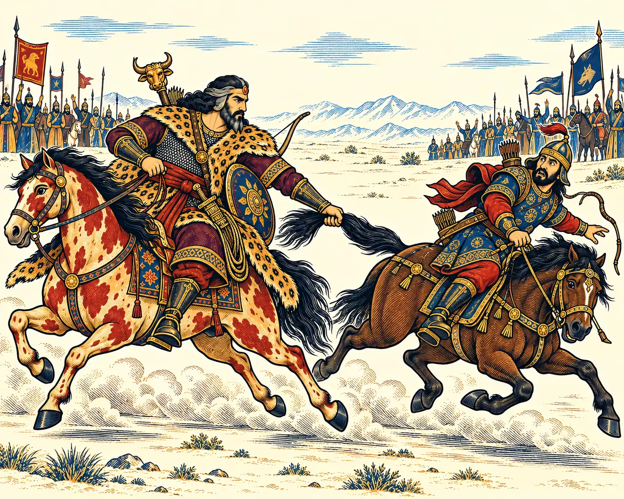Rostam Seizes the Tail of Chingish's Steed