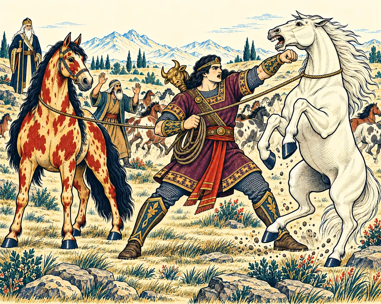 Rostam Lassoes Rakhsh as the Mare Attacks
