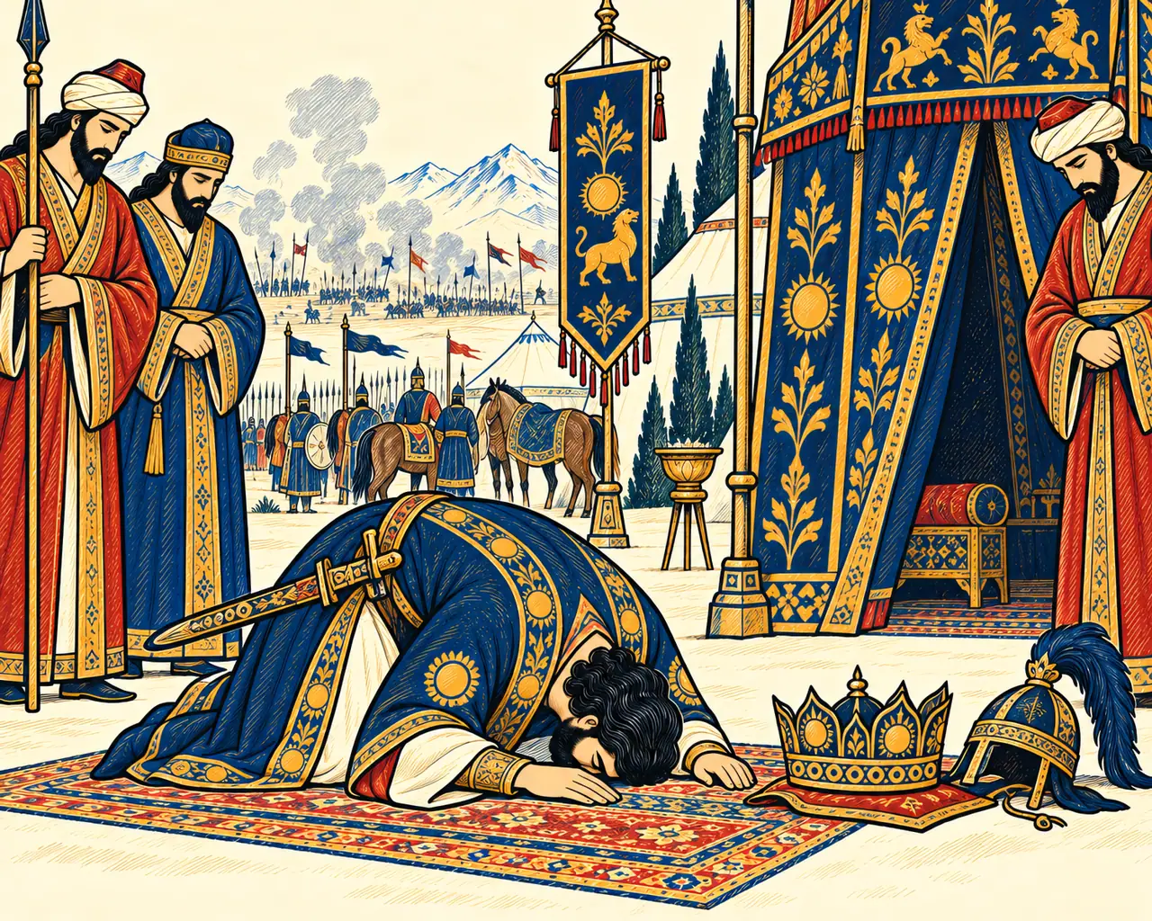 Kavus Lays Down His Crown to Pray