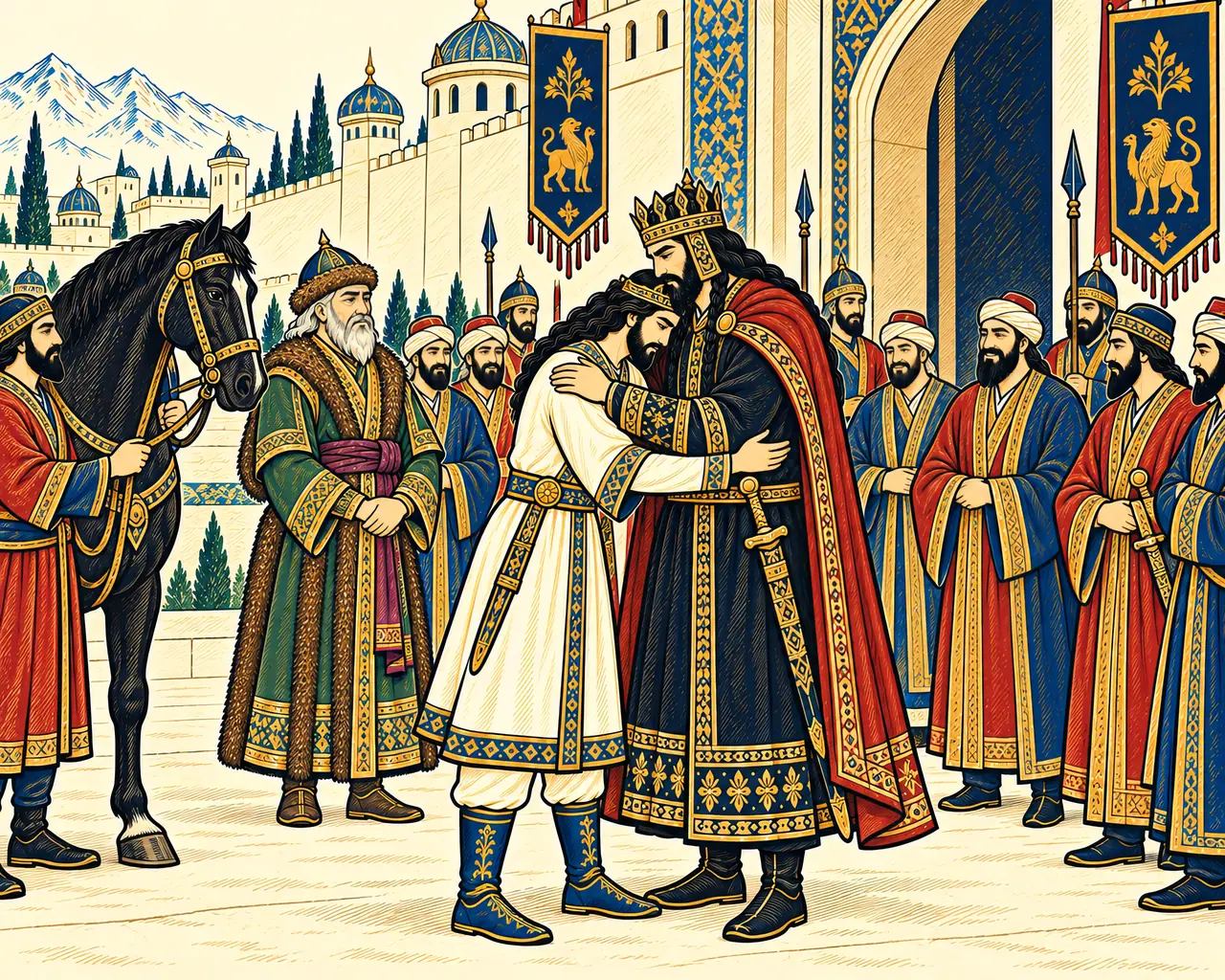 Afrasiab Greets Siavash on Foot