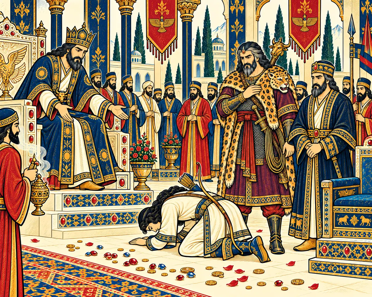 Siavash Kisses the Ground before Kavus