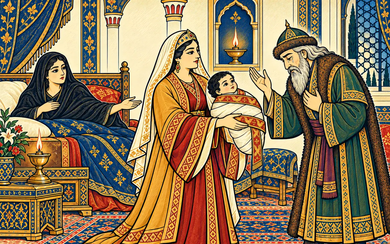 Piran Beholds the Newborn Kay Khosrow