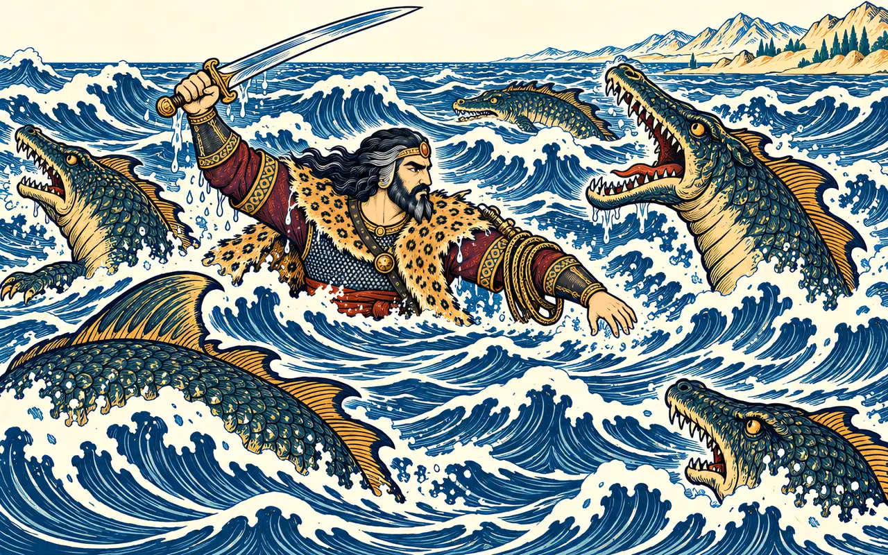 Rostam Fights the Nahang in the Sea