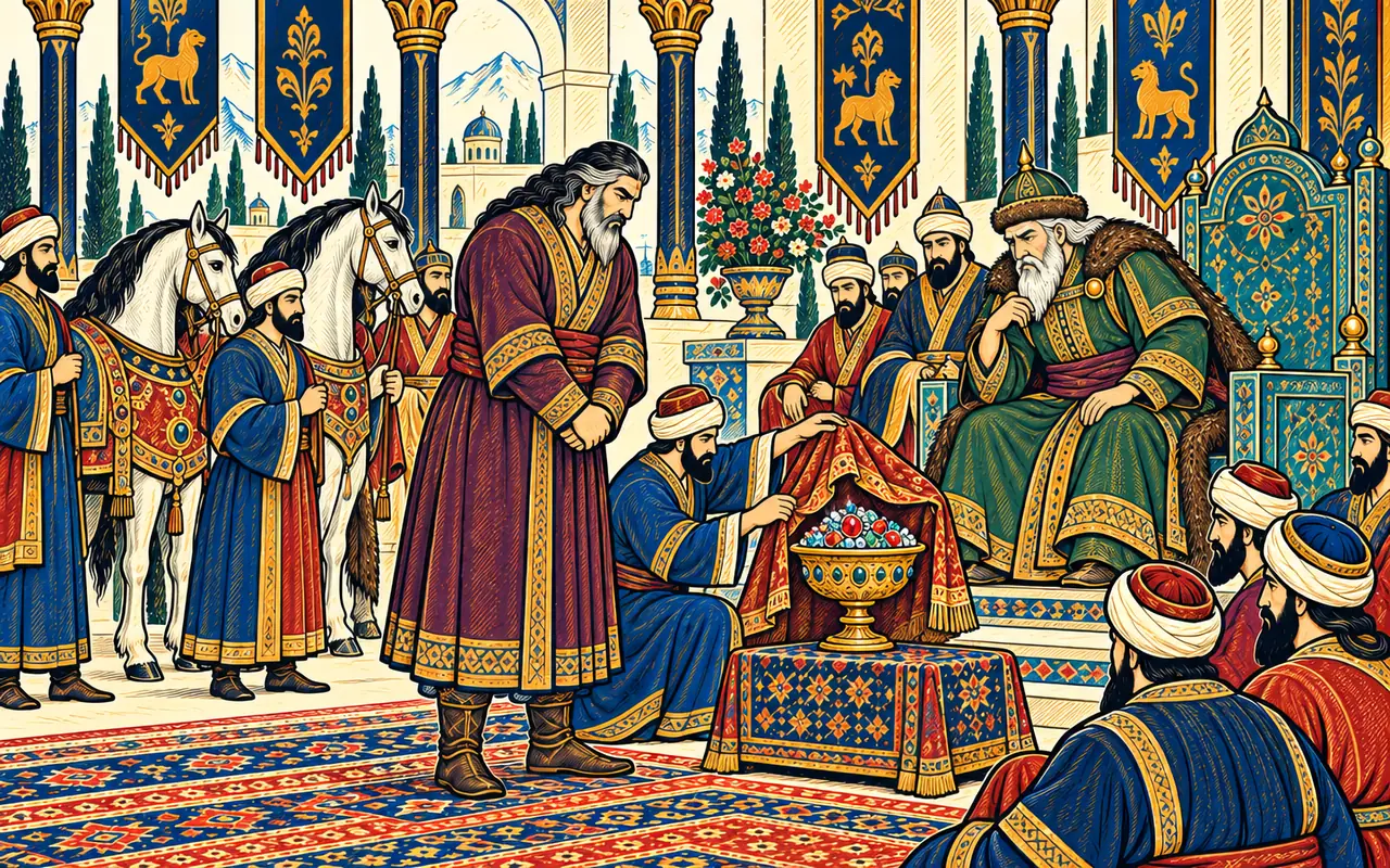 Rostam in Disguise Presents Gifts to Piran
