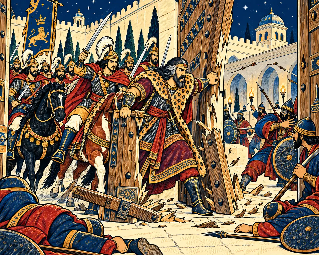 Rostam Breaks Afrasiab's Palace Gate