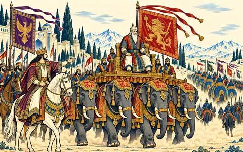 Gudarz Enthroned on Four Elephants