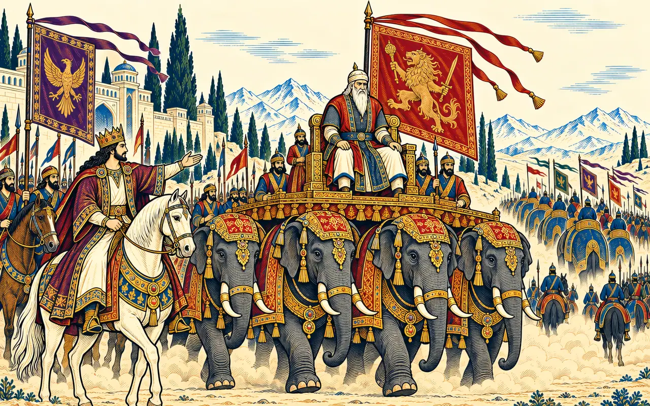 Gudarz Enthroned on Four Elephants