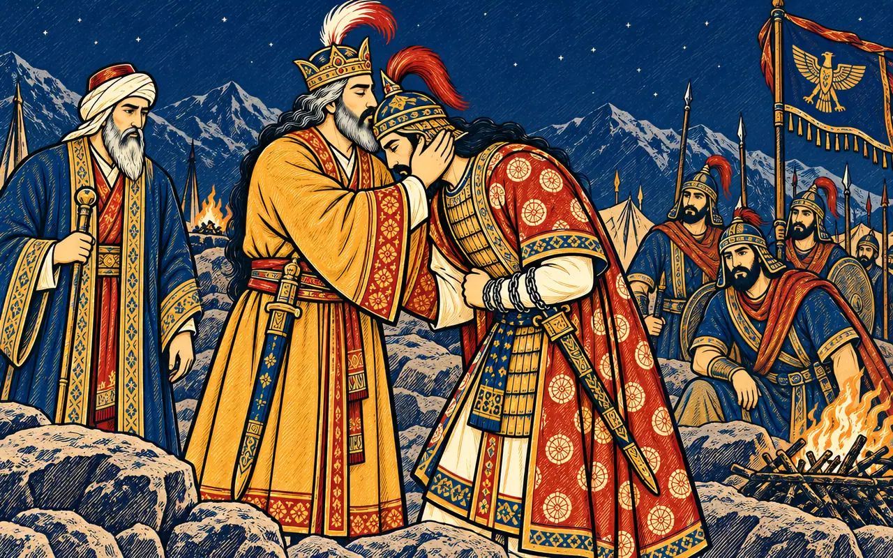 Goshtasb Embraces Esfandiyar on the Height