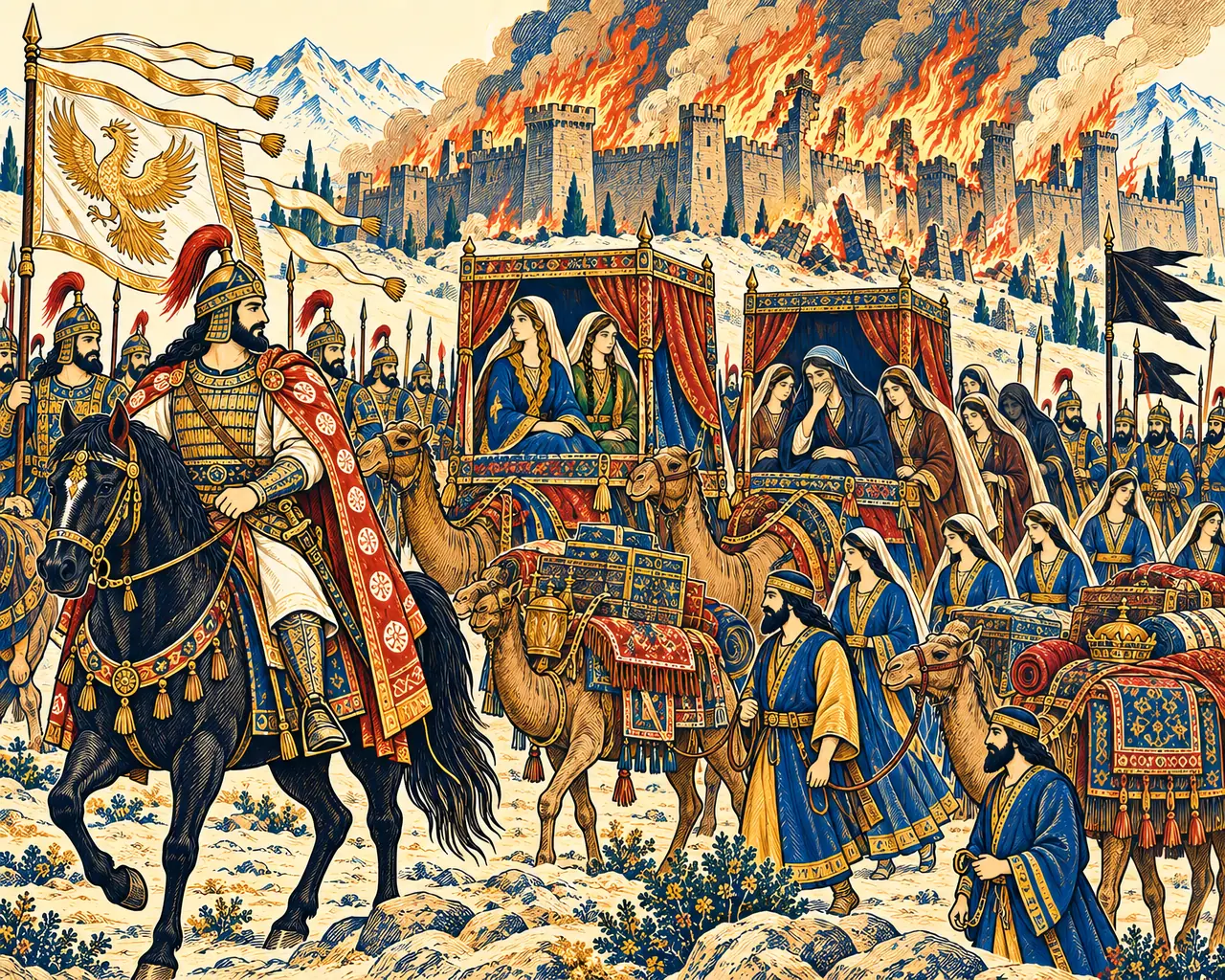 The Ruyin Dezh Burns behind the Caravan