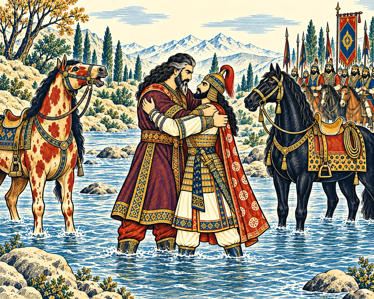 Rostam and Esfandiyar Embrace at the Hirmund