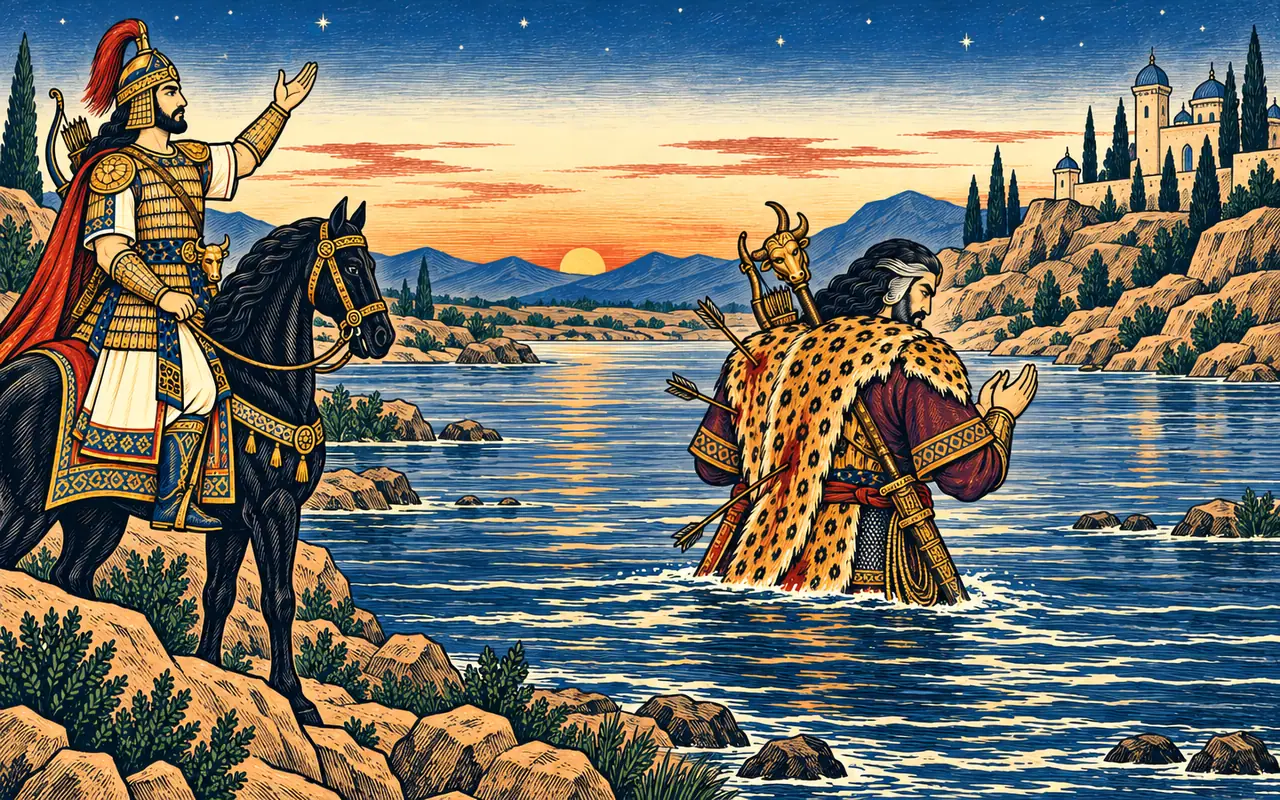 Rostam Wades the Hirmund at Dusk