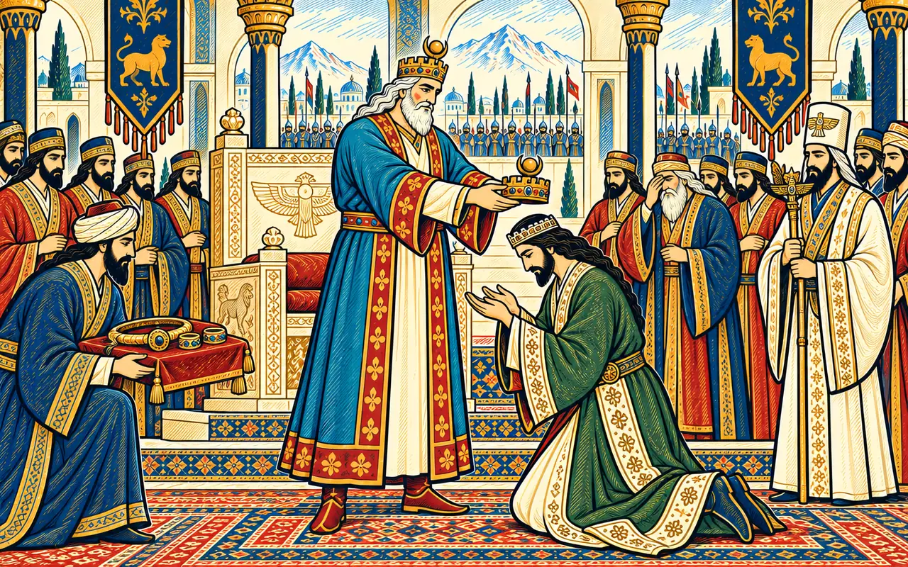 Bahram Gives the Throne to Yazdegard