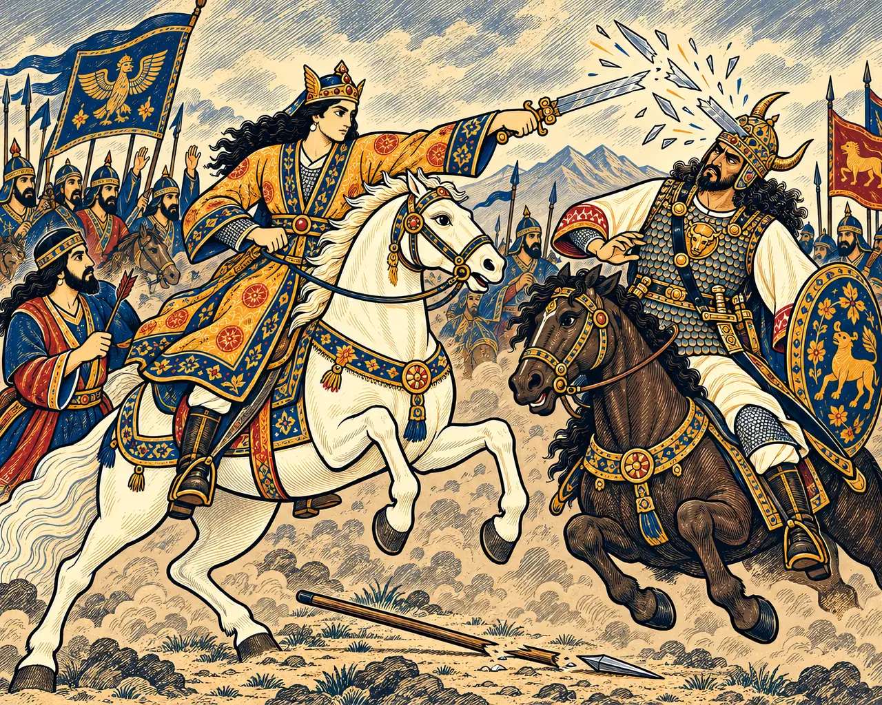 Khosrow's Sword Shatters on Bahram's Helm