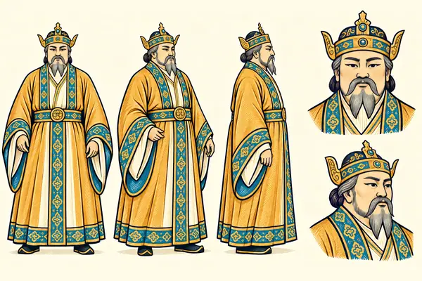 Khan of Chin (Anooshirvan’s time), identity sheet: Mature-to-elder king (~50–60)