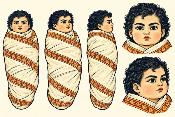 Rostam, identity sheet: Infant (and silken effigy)