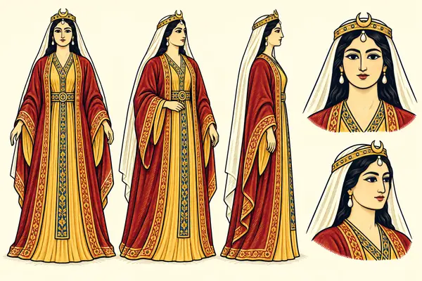 Shirin, identity sheet: Mature queen (~45–55)