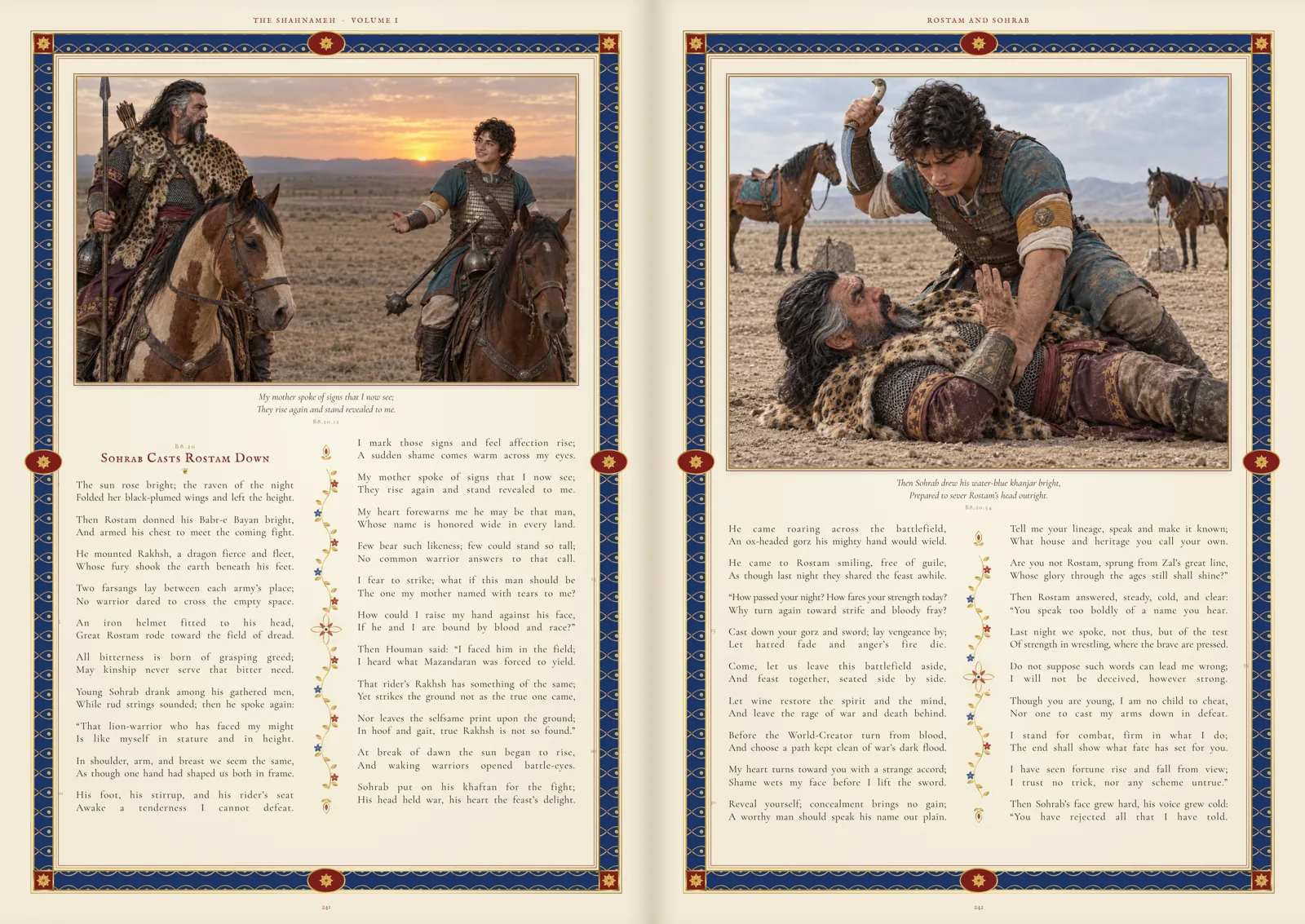 Spread 5 of the Illuminated Edition: Sohrab Casts Rostam Down