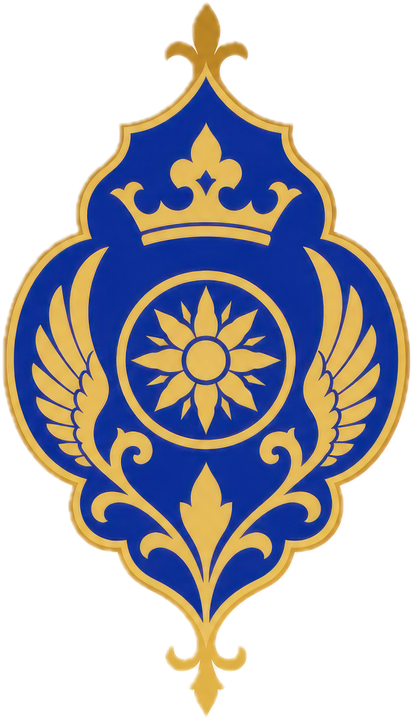 The New Naqqali crest: a crowned sun between two wings, in gold on lapis blue
