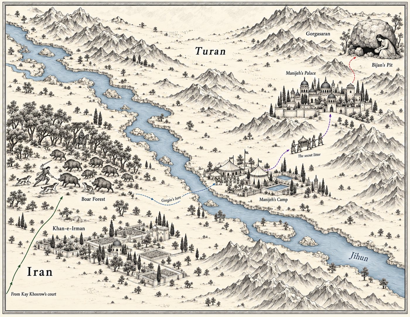 Story map: Bijan’s road from the boar forest to Manijeh’s camp and the pit