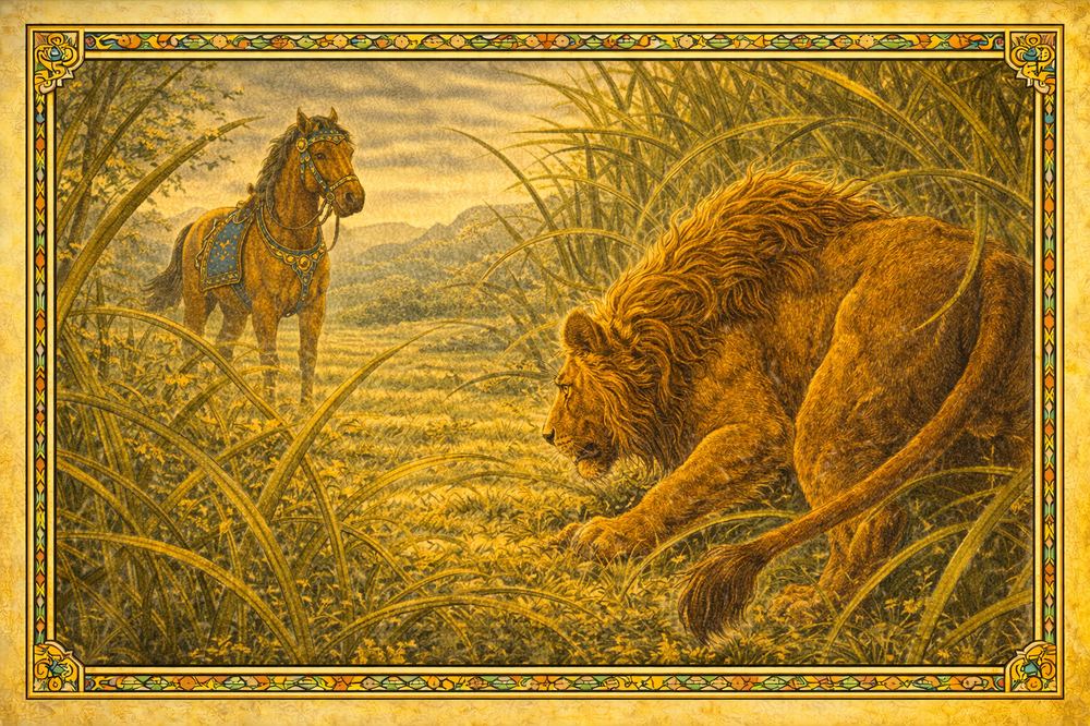 Manga panel: The lion comes upon the camp
