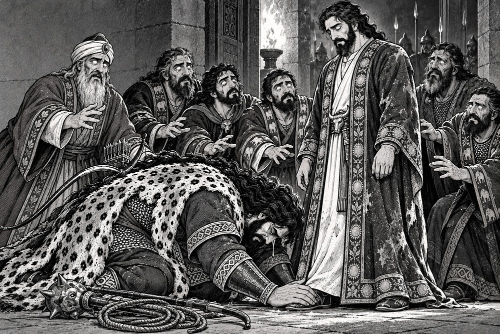 Manga panel of Kavus in the Seven Labors