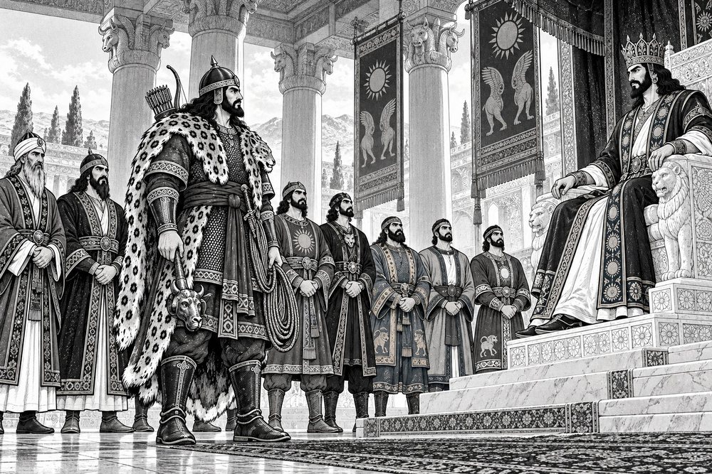 Manga panel of Kavus in the Seven Labors