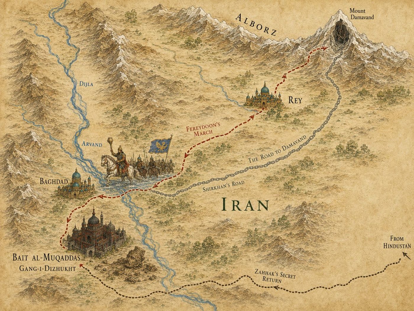 Map: Fereydoon’s march from the Arvand to Zahhak’s palace, and Zahhak bound on Damavand