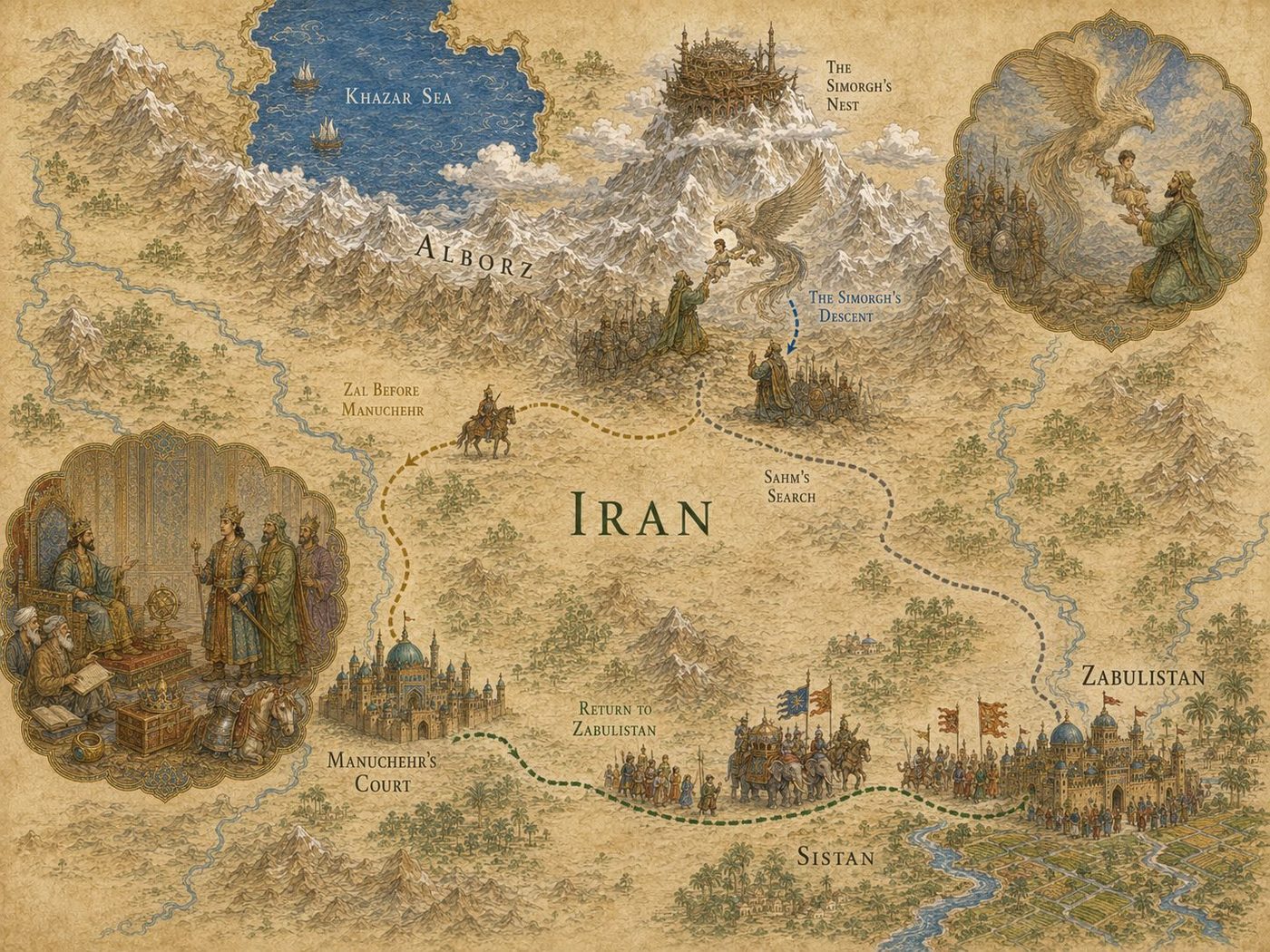 Map: Zal’s birth: Alborz, the Simorgh’s nest, Manuchehr’s court and Zabulistan