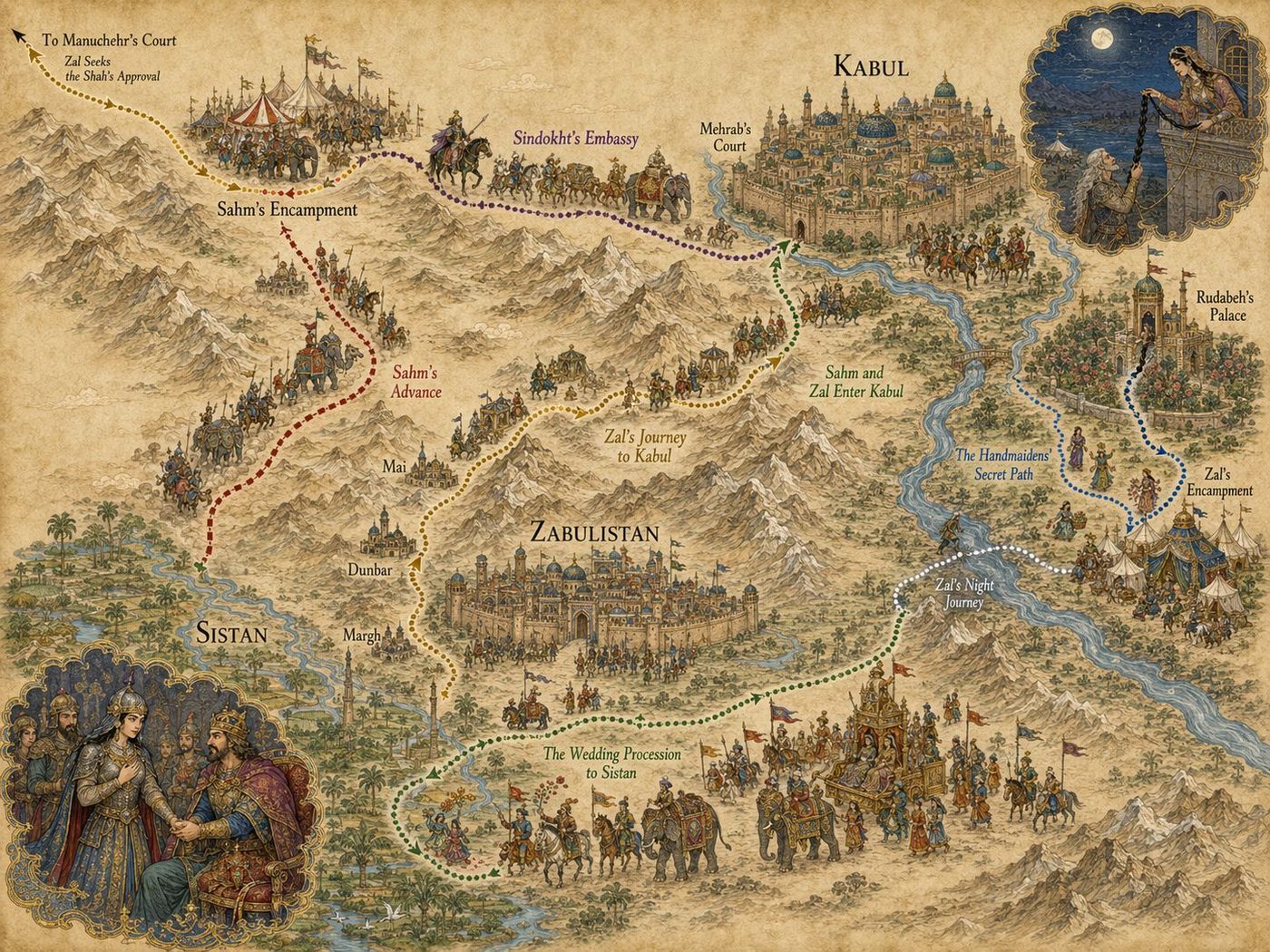 Map: Zal and Rudabeh: Zabulistan, Kabul, Rudabeh’s palace and Sahm’s camp