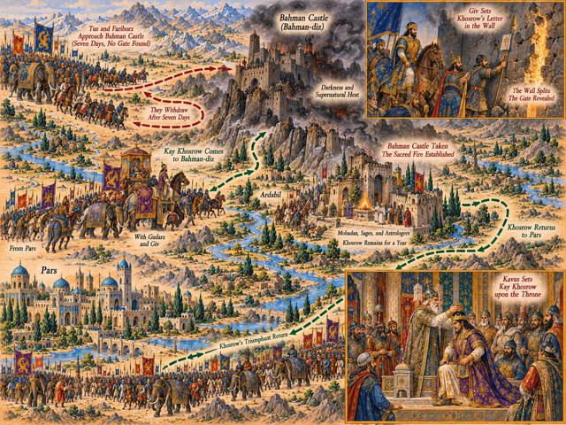Map: Bahman Castle and Kay Khosrow's Accession
