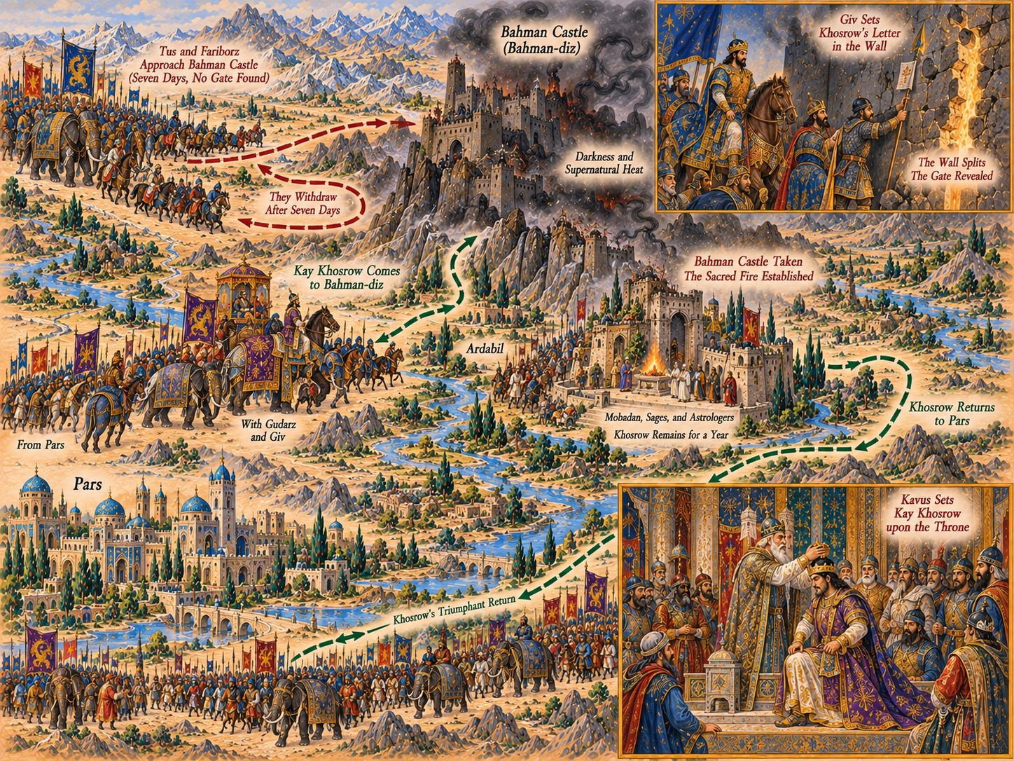 Map: Bahman Castle and Kay Khosrow's Accession