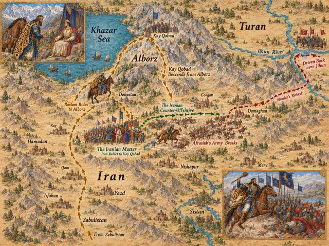 Map: Rostam Fetches Kay Qobad from the Alborz; Turan Driven Back over the Jihun
