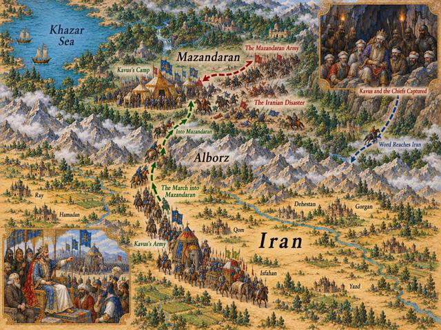 Map: Kay Kavus Ventures to Mazandaran