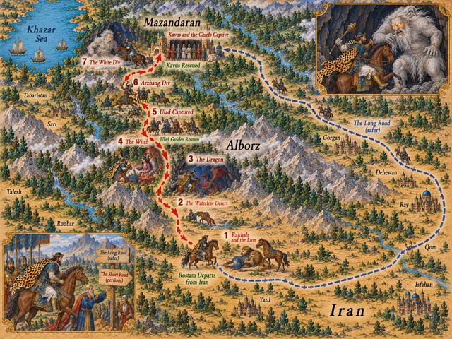 Map: The Two Roads to Mazandaran and the Seven Labors of Rostam