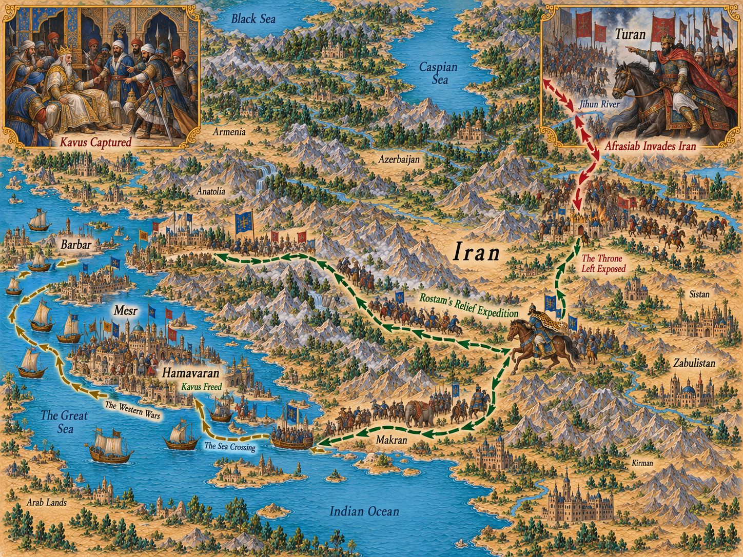 Map: The Hamavaran Sea-War and Kavus's Captivity