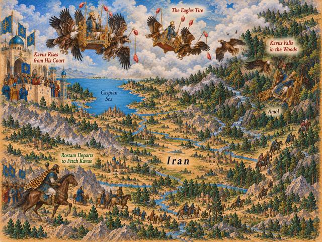 Map: Kavus's Flight to the Sky and His Fall