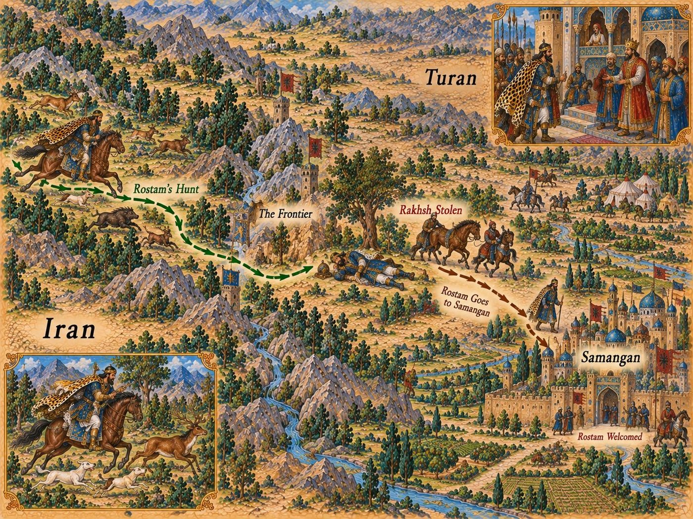 Map: Rostam’s hunt on the frontier and his road to Samangan