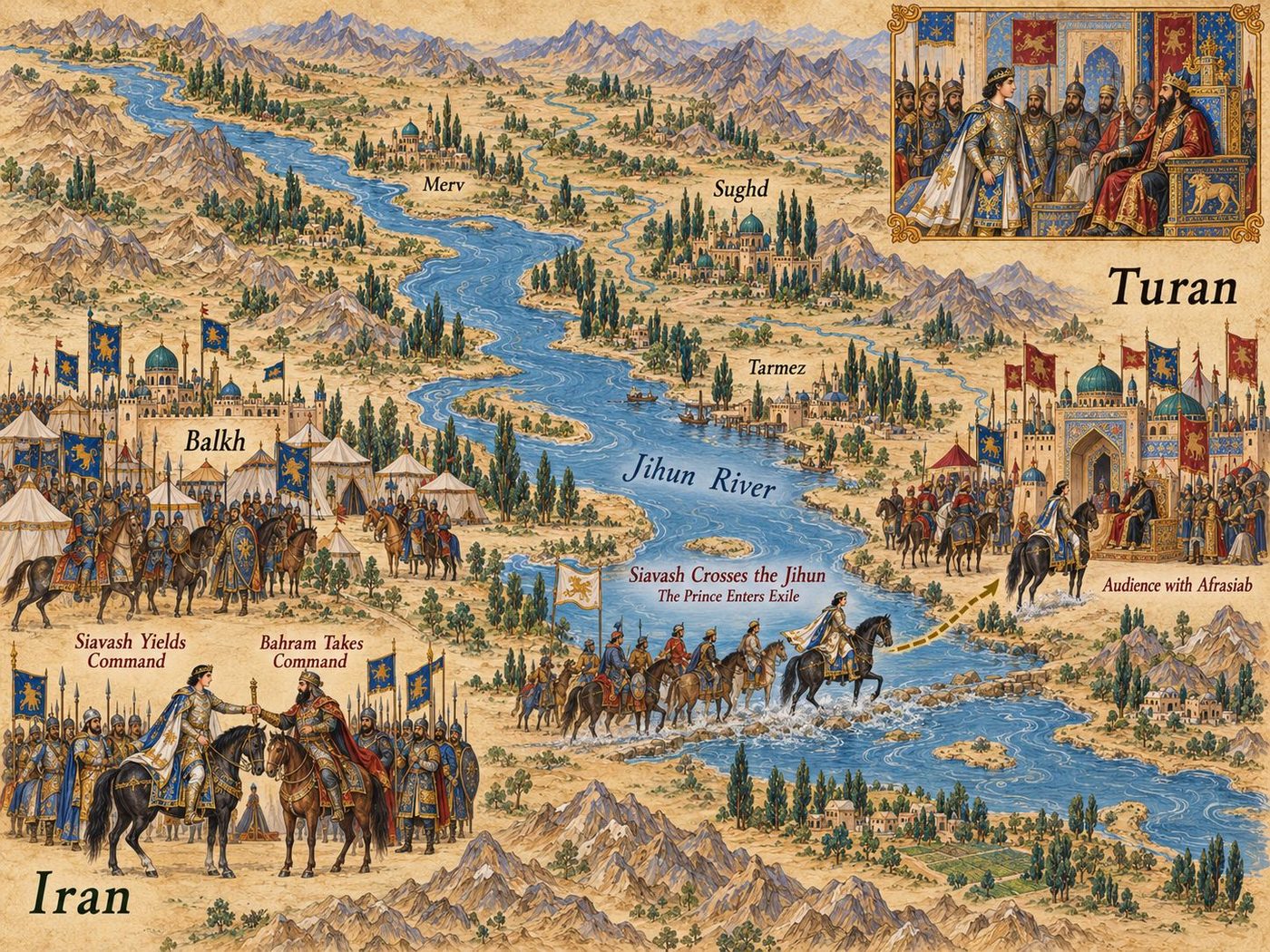 Map: Siavash yields command at Balkh and crosses the Jihun into Turan