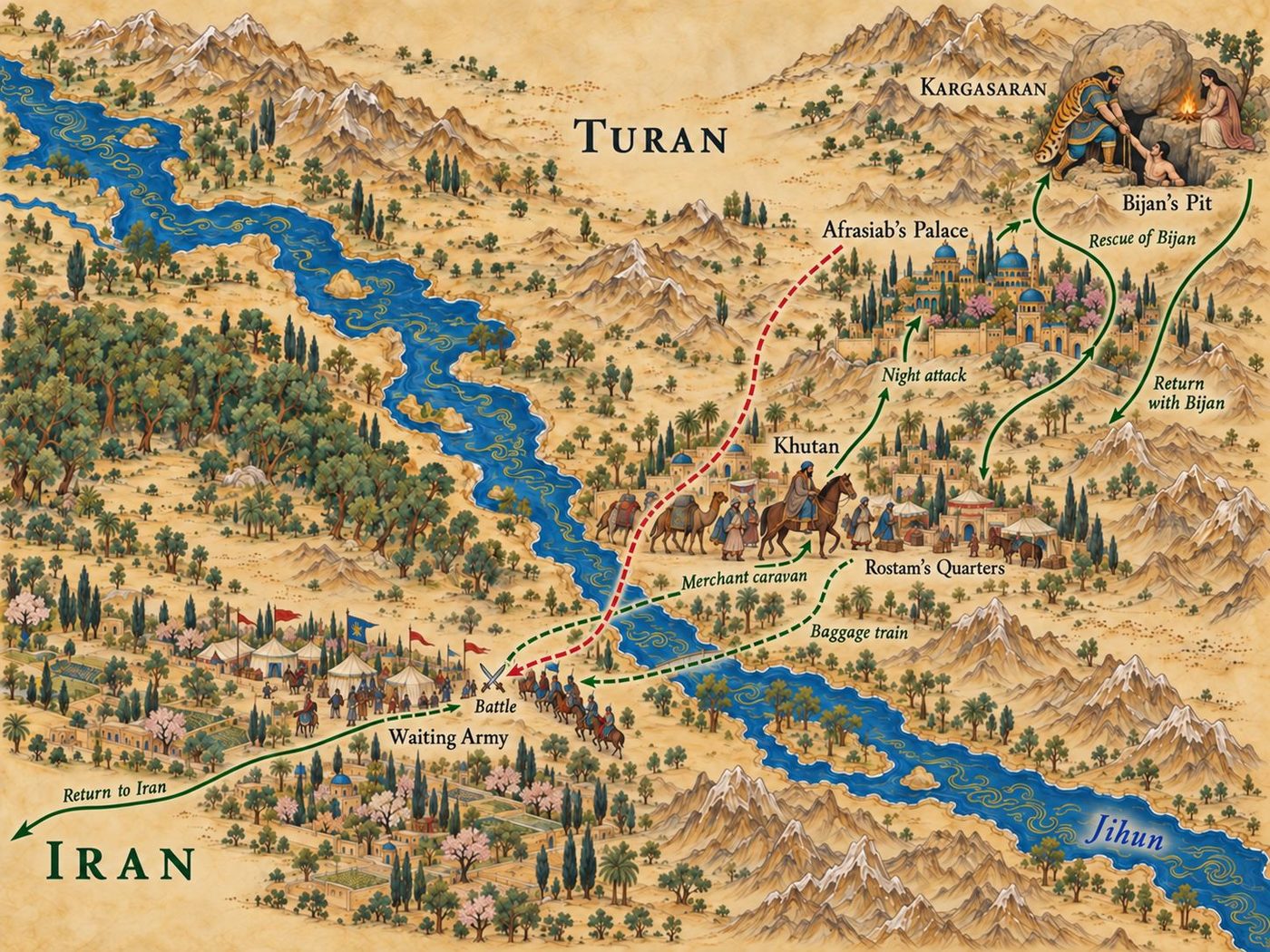 Map: the rescue of Bijan, from Iran across the Jihun into Turan