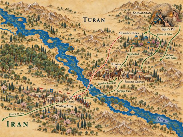 Map: Rostam's Merchant-Disguise Rescue to Khutan