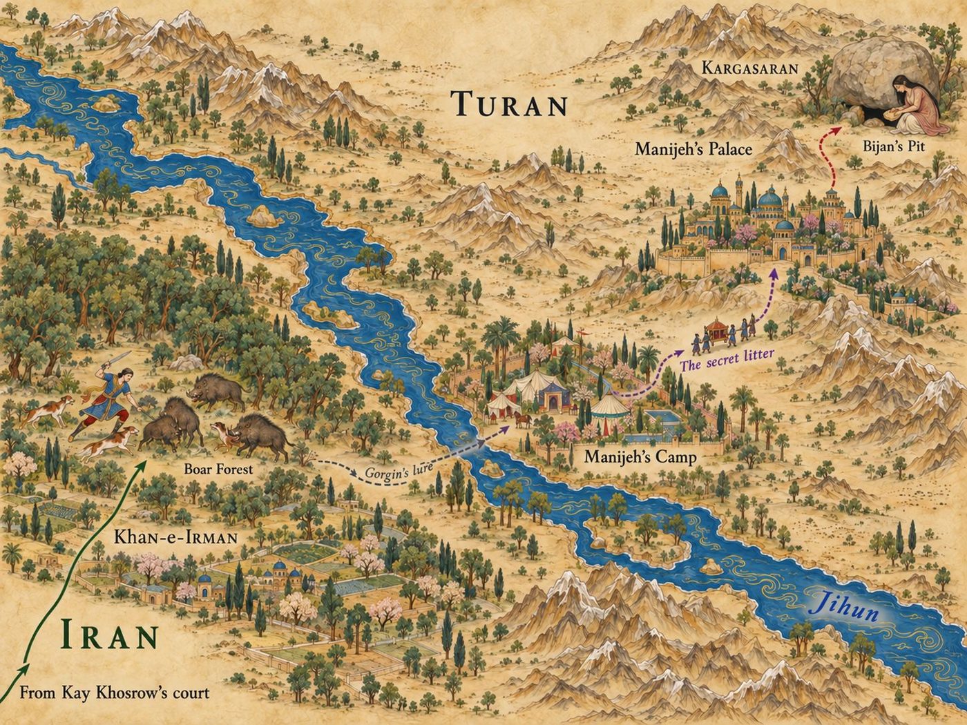 Map: the capture of Bijan, from Iran across the Jihun into Turan