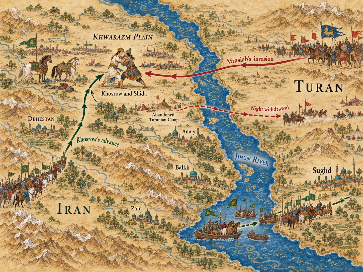 Map: Kay Khosrow's Last Offensive and the Crossing of the Jihun