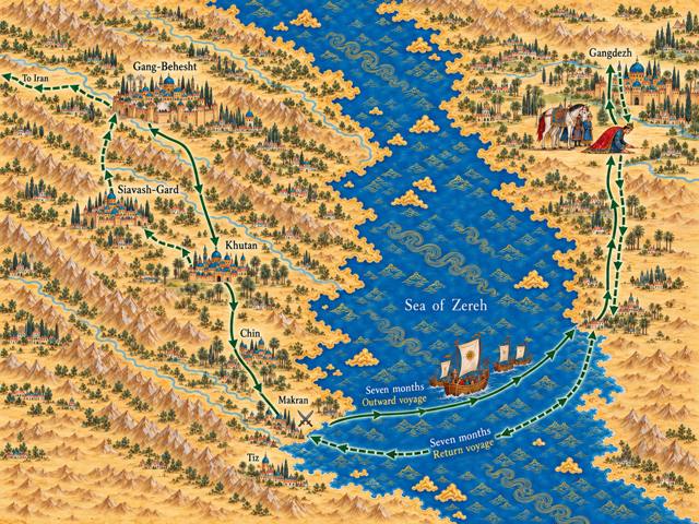 Map: Khosrow's Sea-Crossing to Gang-Dizh and the Return